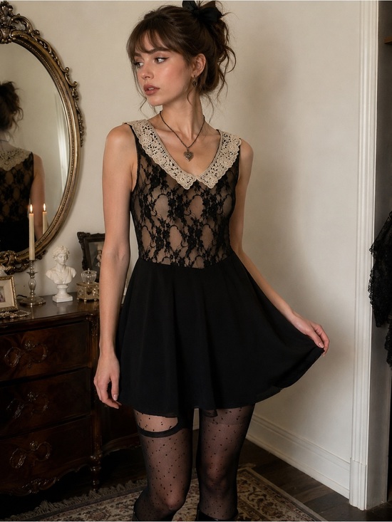 One & Only Dresses & Skirts - Black Lace Collar Whimsigoth Coquette Dark Academia Babydoll Mini Dress M